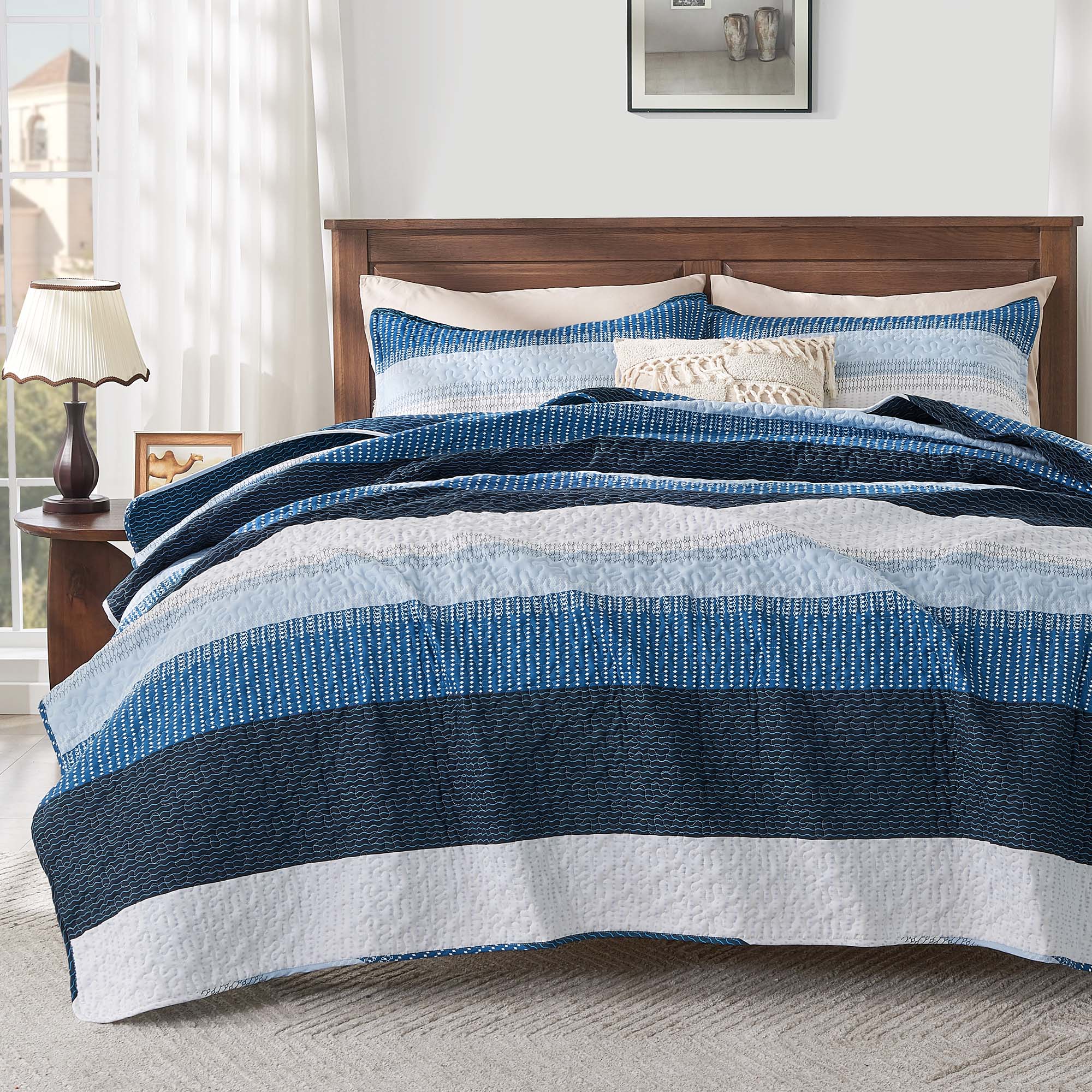 Striped Patchwork Bedspread Coverlet Soft Quilted Bedding Set