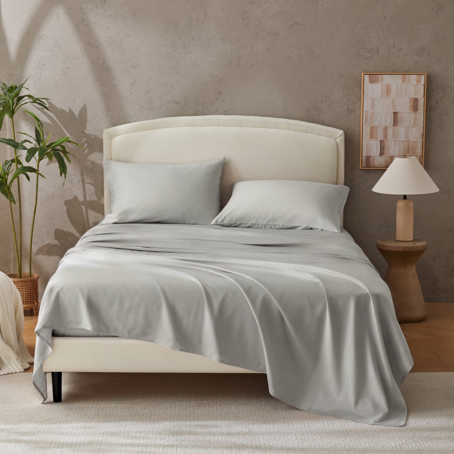 Natural 100% Cotton Breathable Solid 4 Pieces Sheet Set