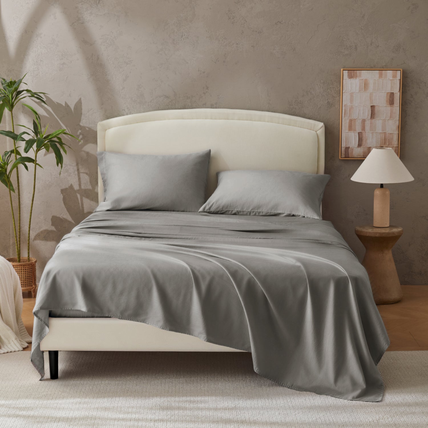 Natural 100% Cotton Breathable Solid 4 Pieces Sheet Set